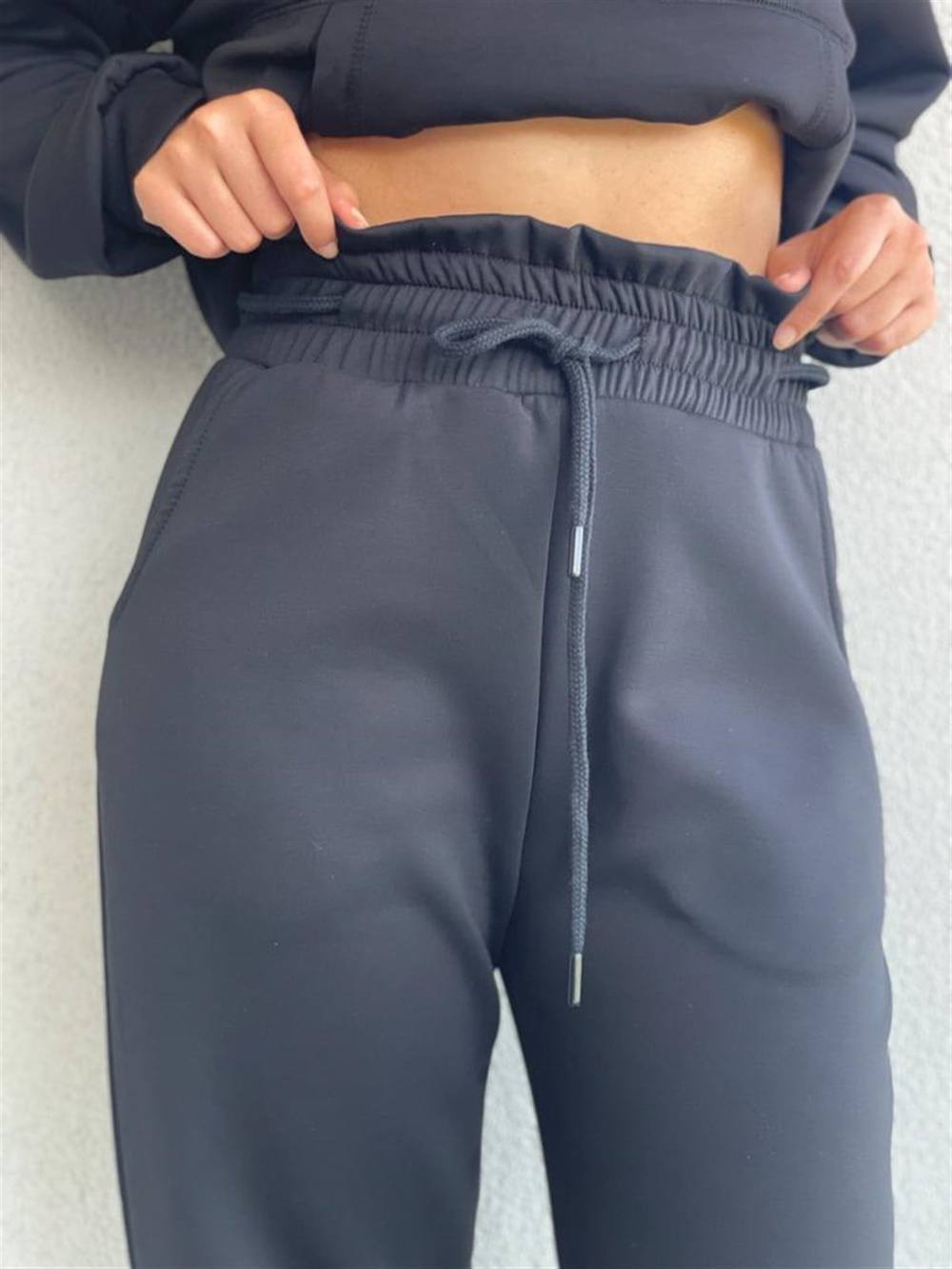 Yumuşak Doku Ekstra Yüksek Bel Jogger Pantolon (Siyah)