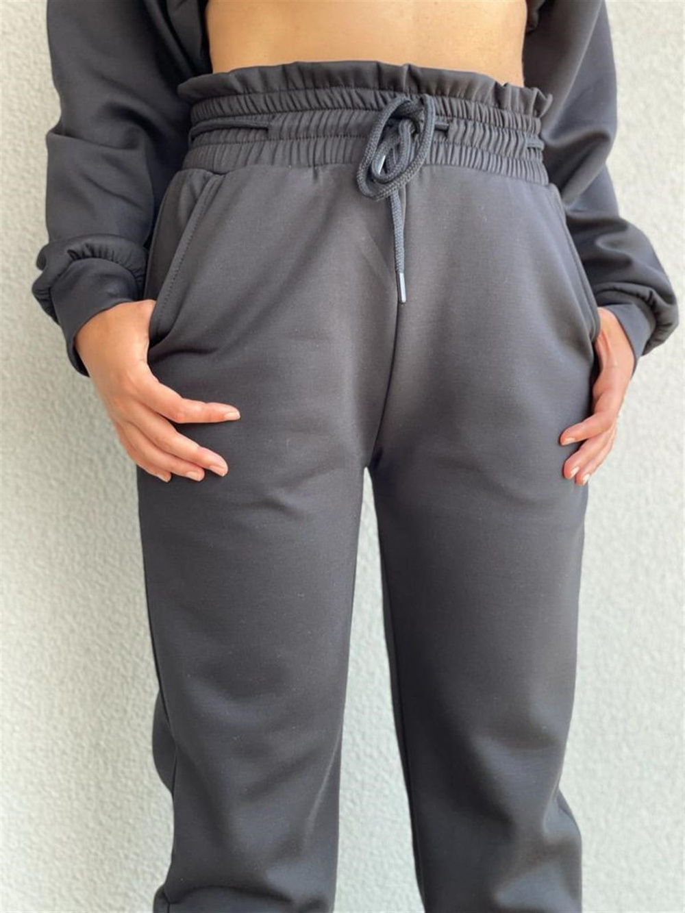 Yumuşak Doku Ekstra Yüksek Bel Jogger Pantolon (Siyah)