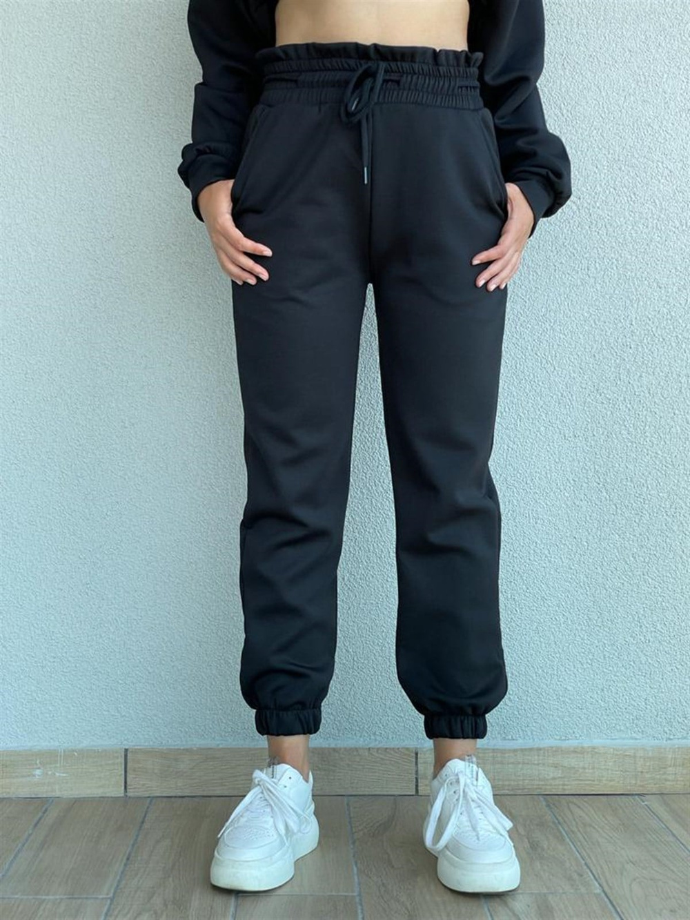 Yumuşak Doku Ekstra Yüksek Bel Jogger Pantolon (Siyah)