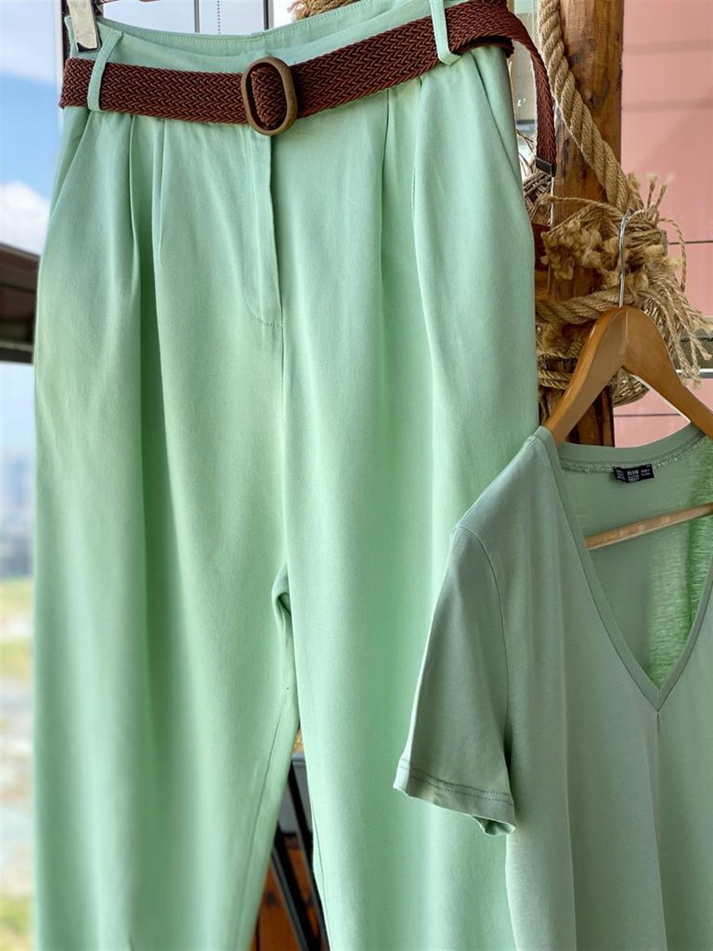 Yumuşak Doku Keten Pantolon (Mint Yeşili)