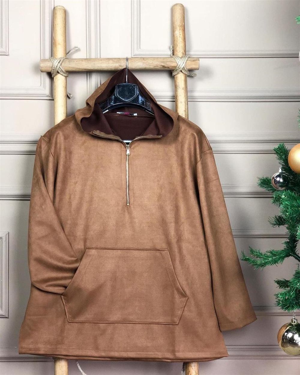 Yumuşak Nubuk Kumaş Önden Cepli Sweatshirt (TABA)