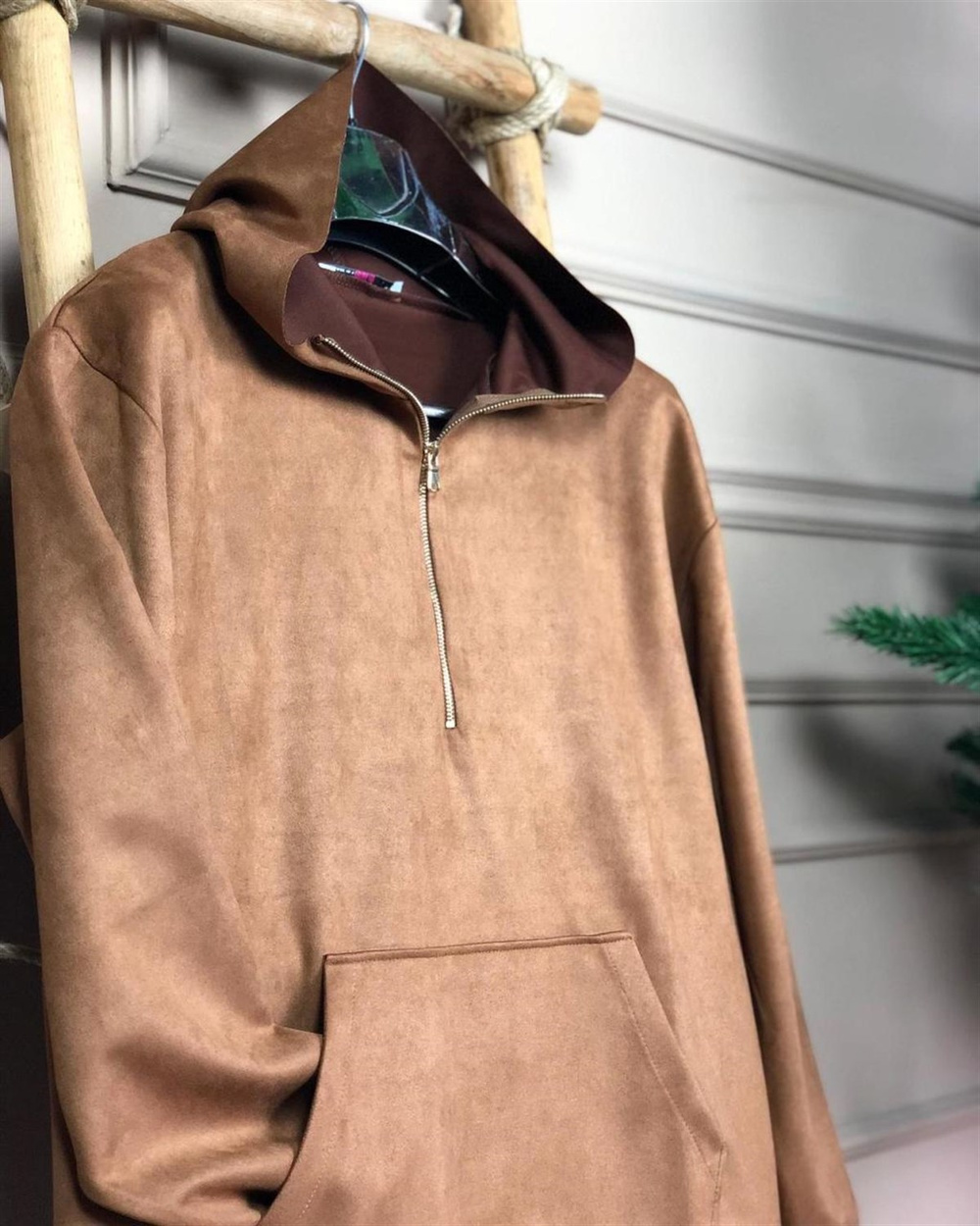 Yumuşak Nubuk Kumaş Önden Cepli Sweatshirt (TABA)
