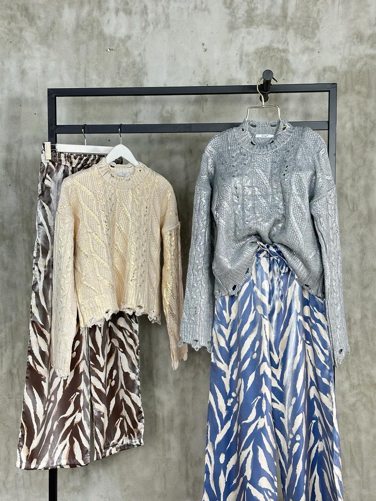 Zebra Desen Bol Paça Lurex Kumaş Pantolon (İndigo)