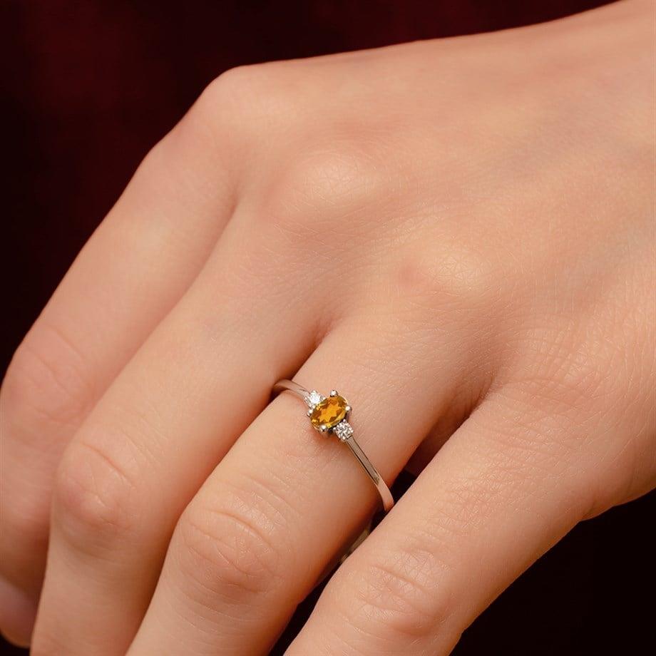 0.08 Karat Pırlanta Sitrin Yüzük - Goldstore