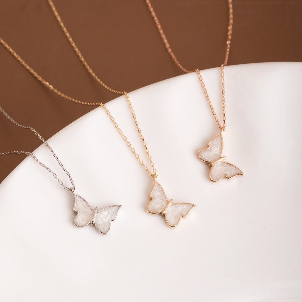 Altın Beyaz Mineli Kelebek Kolye - Goldstore