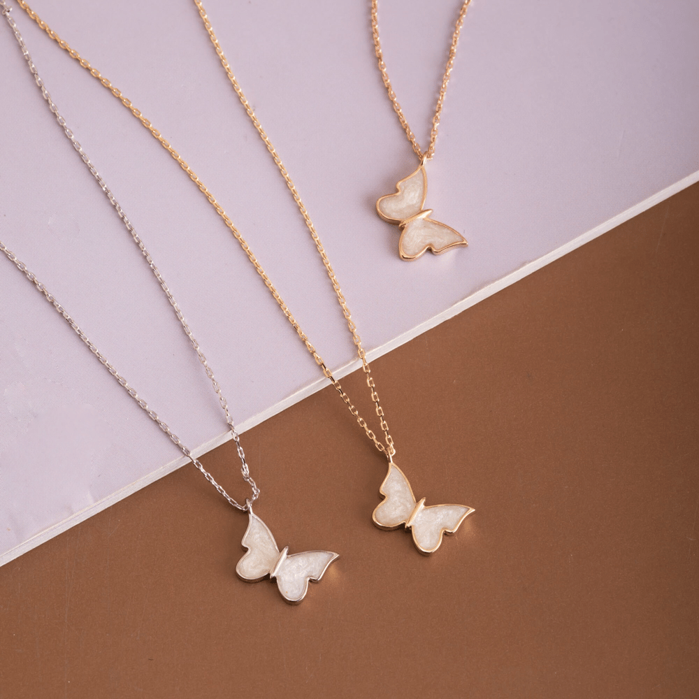 Altın Beyaz Mineli Kelebek Kolye - Goldstore