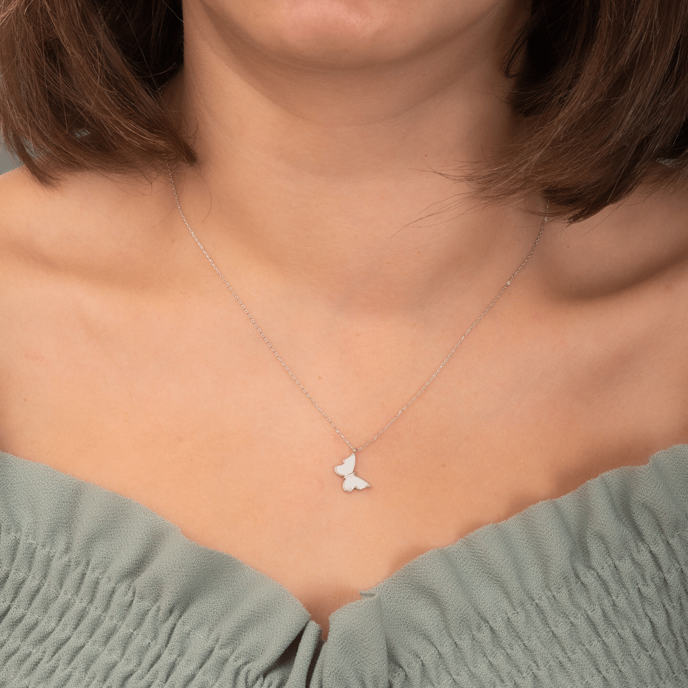 Altın Beyaz Mineli Kelebek Kolye - Goldstore