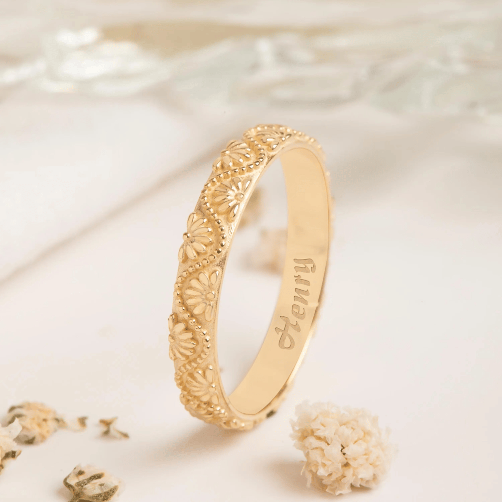 Altın Çiçek Desenli Alyans Yüzük - Goldstore