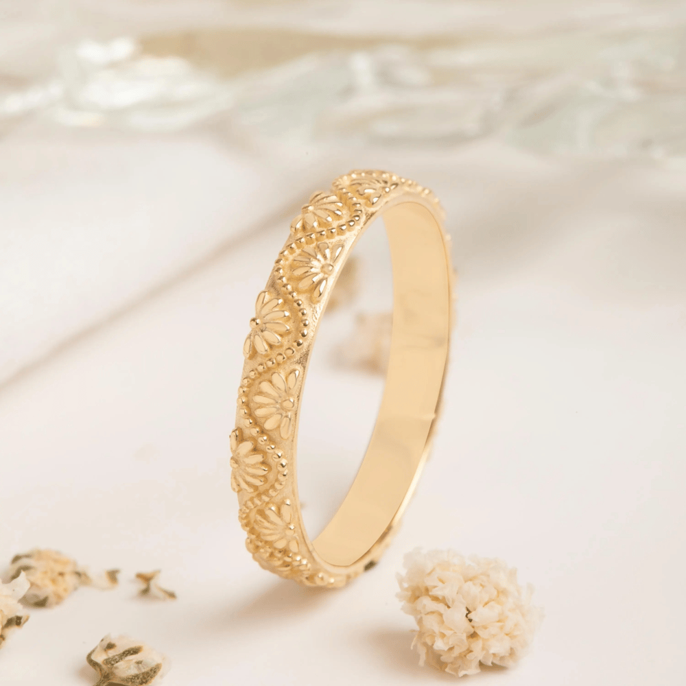 Altın Çiçek Desenli Alyans Yüzük - Goldstore
