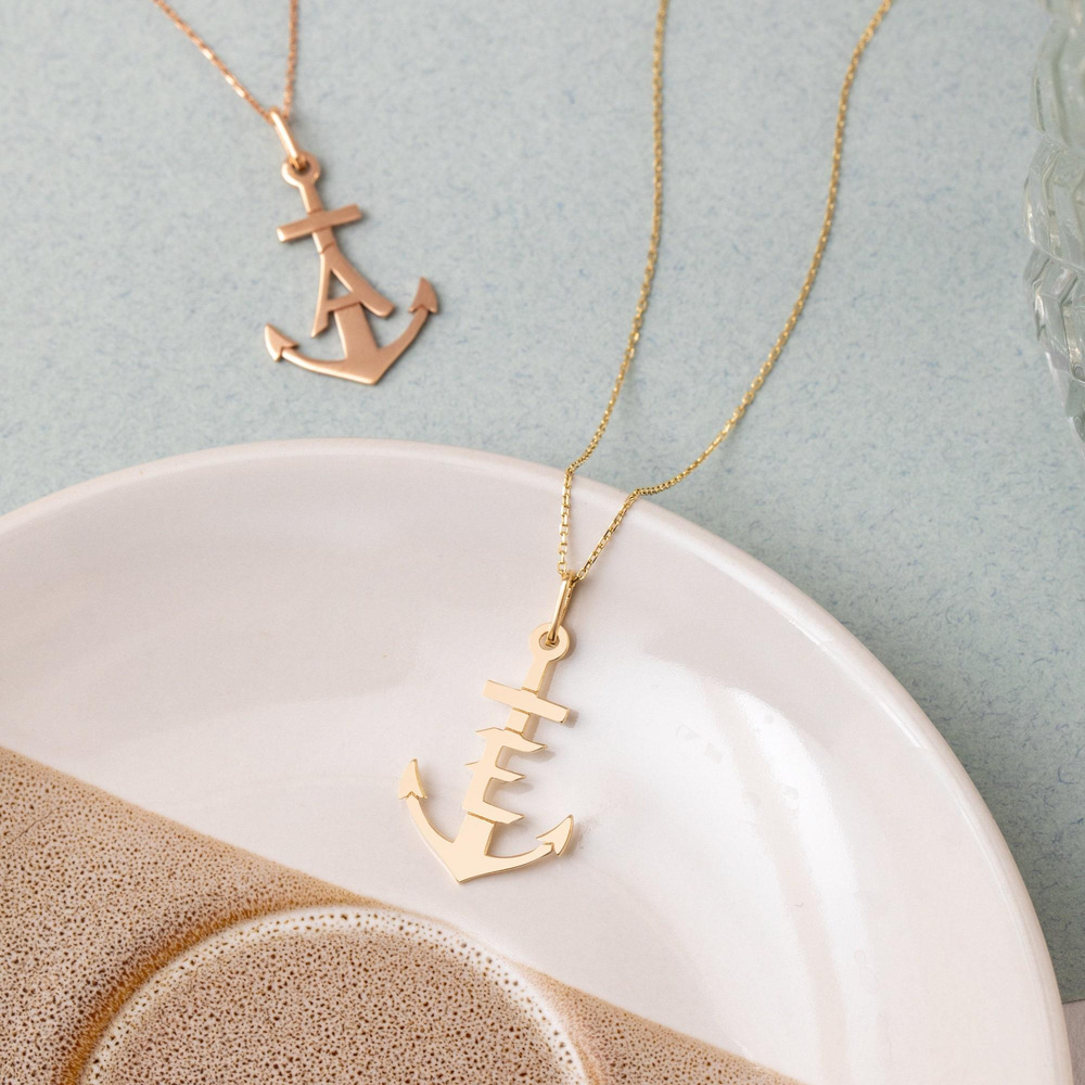 Gold Custom Initial Anchor Necklace - Goldstore