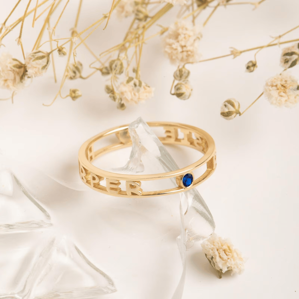 Altın İsim ve Doğum Taşlı Yüzük - Goldstore