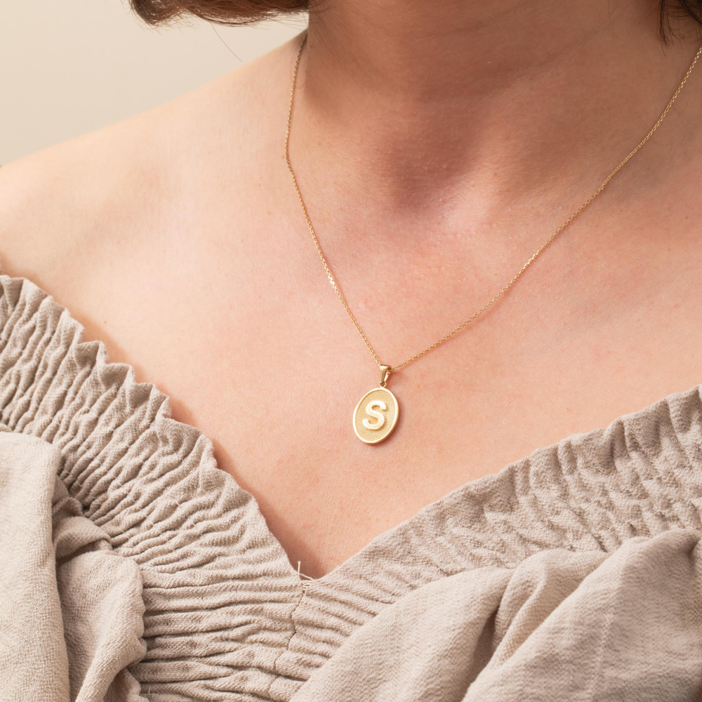 Solid Gold Embossed Initial Necklace - Goldstore