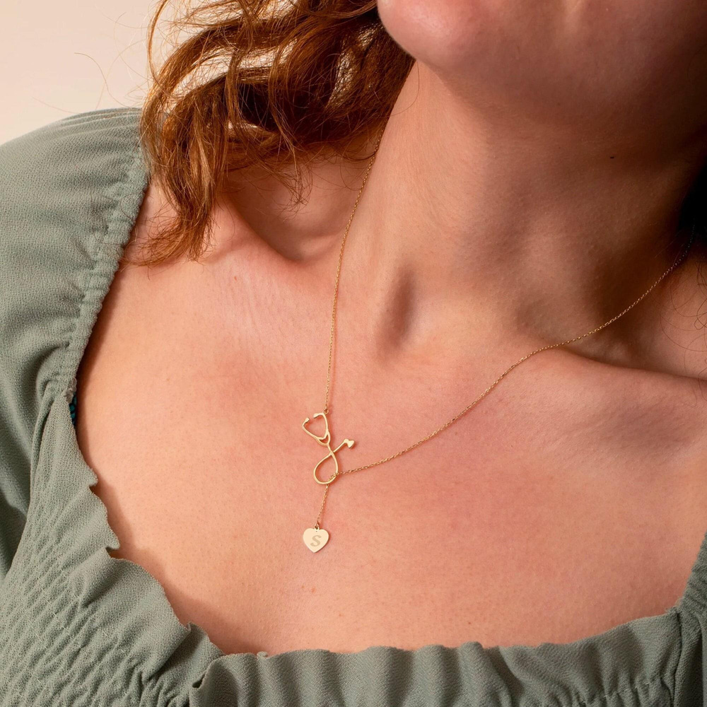 Altın Stetoskop Kalp Lariat Kolye - Goldstore