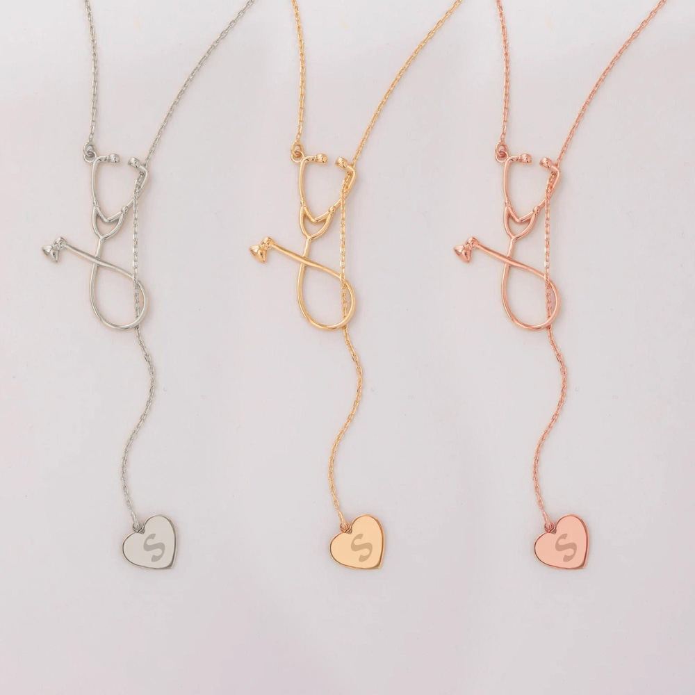 Altın Stetoskop Kalp Lariat Kolye - Goldstore