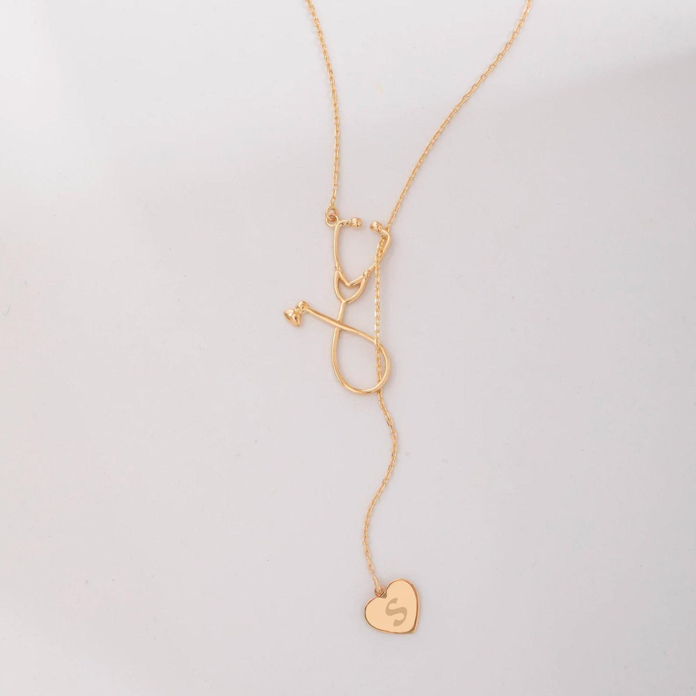 Altın Stetoskop Kalp Lariat Kolye - Goldstore