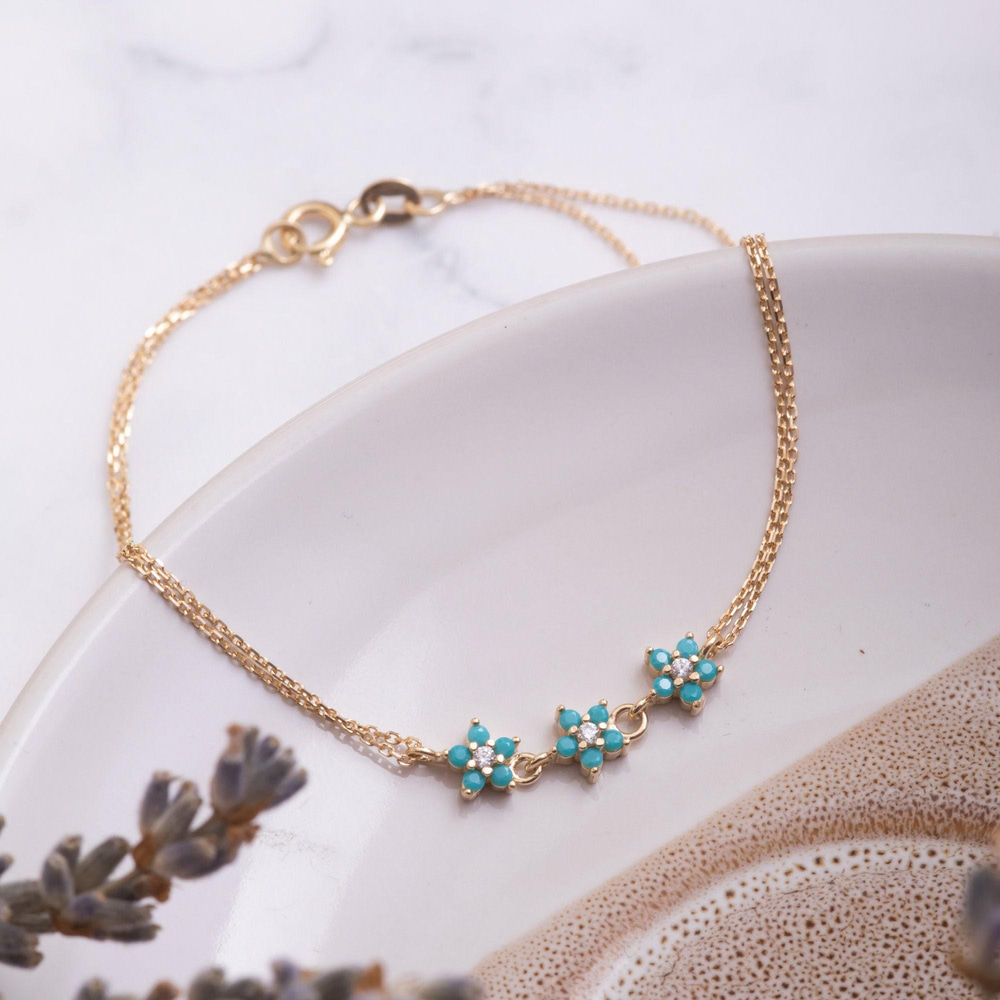 Altın Turkuaz Taşlı Floral Bileklik - Goldstore