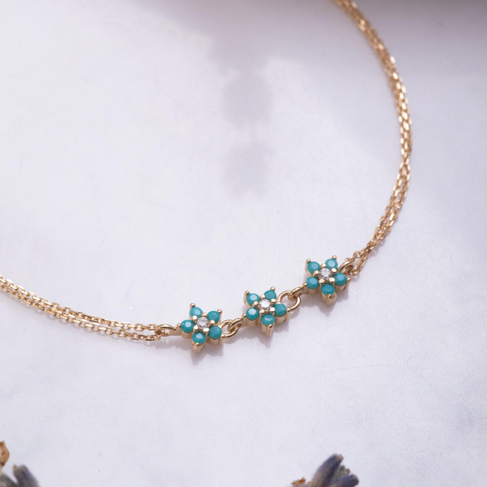 Altın Turkuaz Taşlı Floral Bileklik - Goldstore