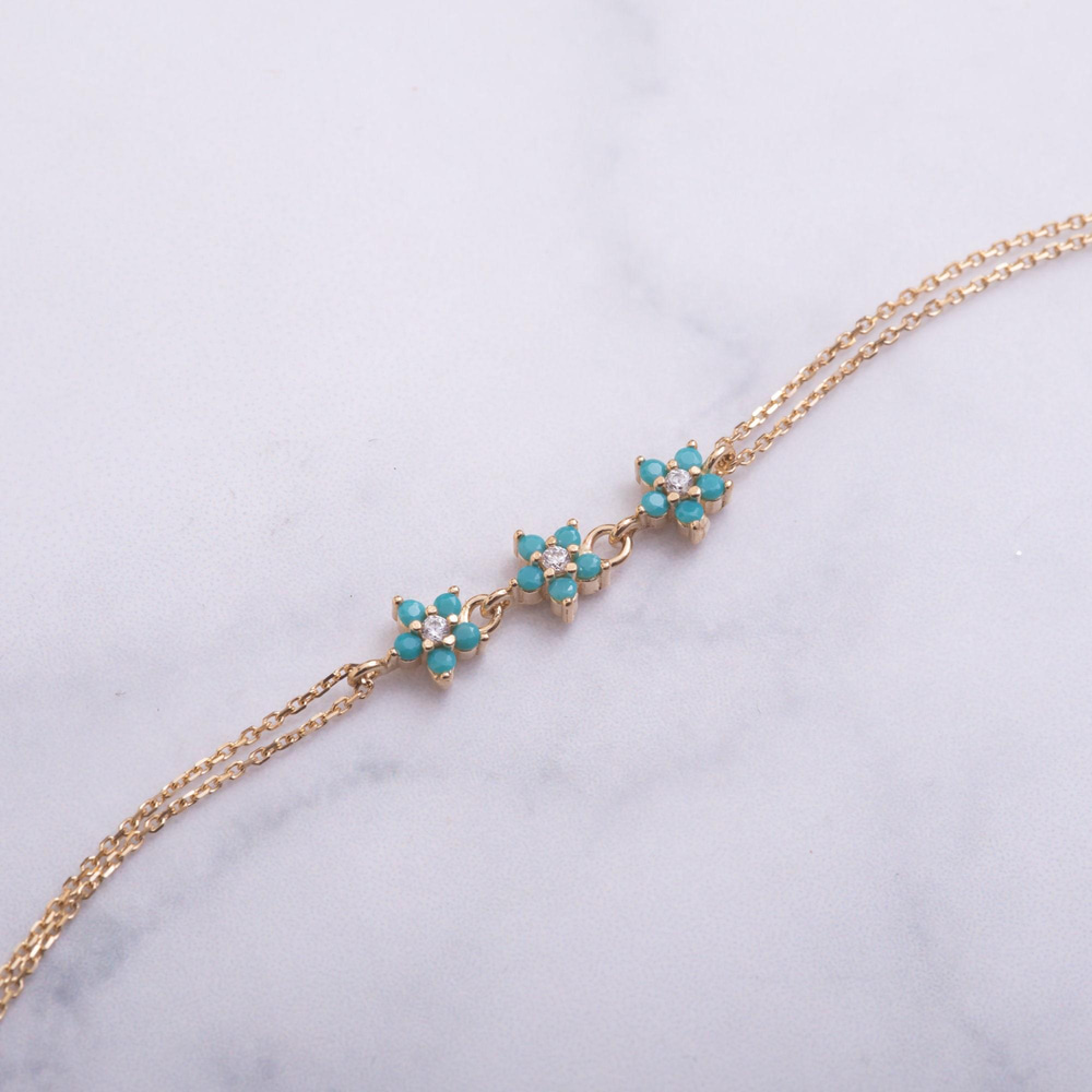 Altın Turkuaz Taşlı Floral Bileklik - Goldstore