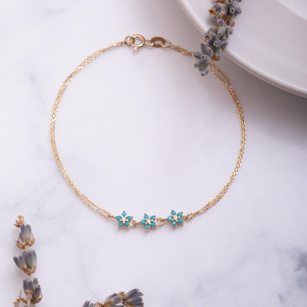 Altın Turkuaz Taşlı Floral Bileklik - Goldstore
