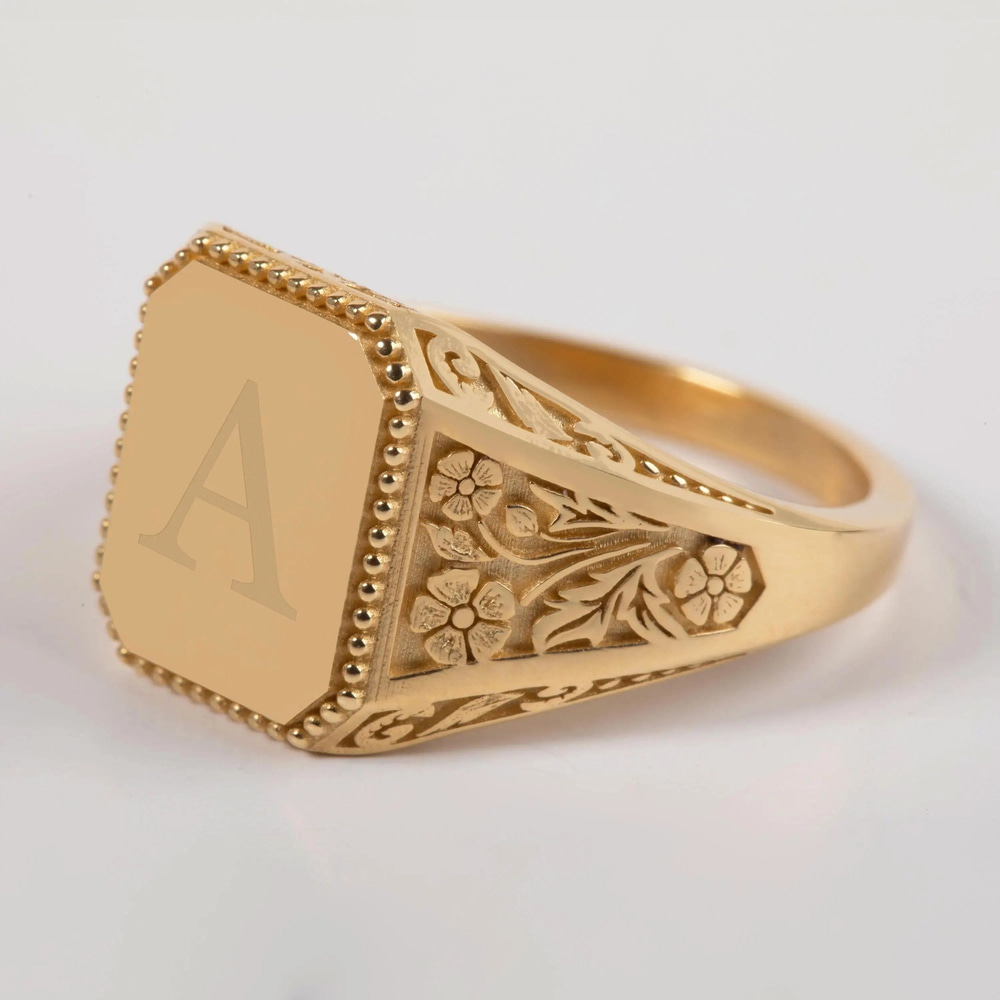 Altın Viktoryen Çiçek Motifli Signet Yüzük - Gold Store