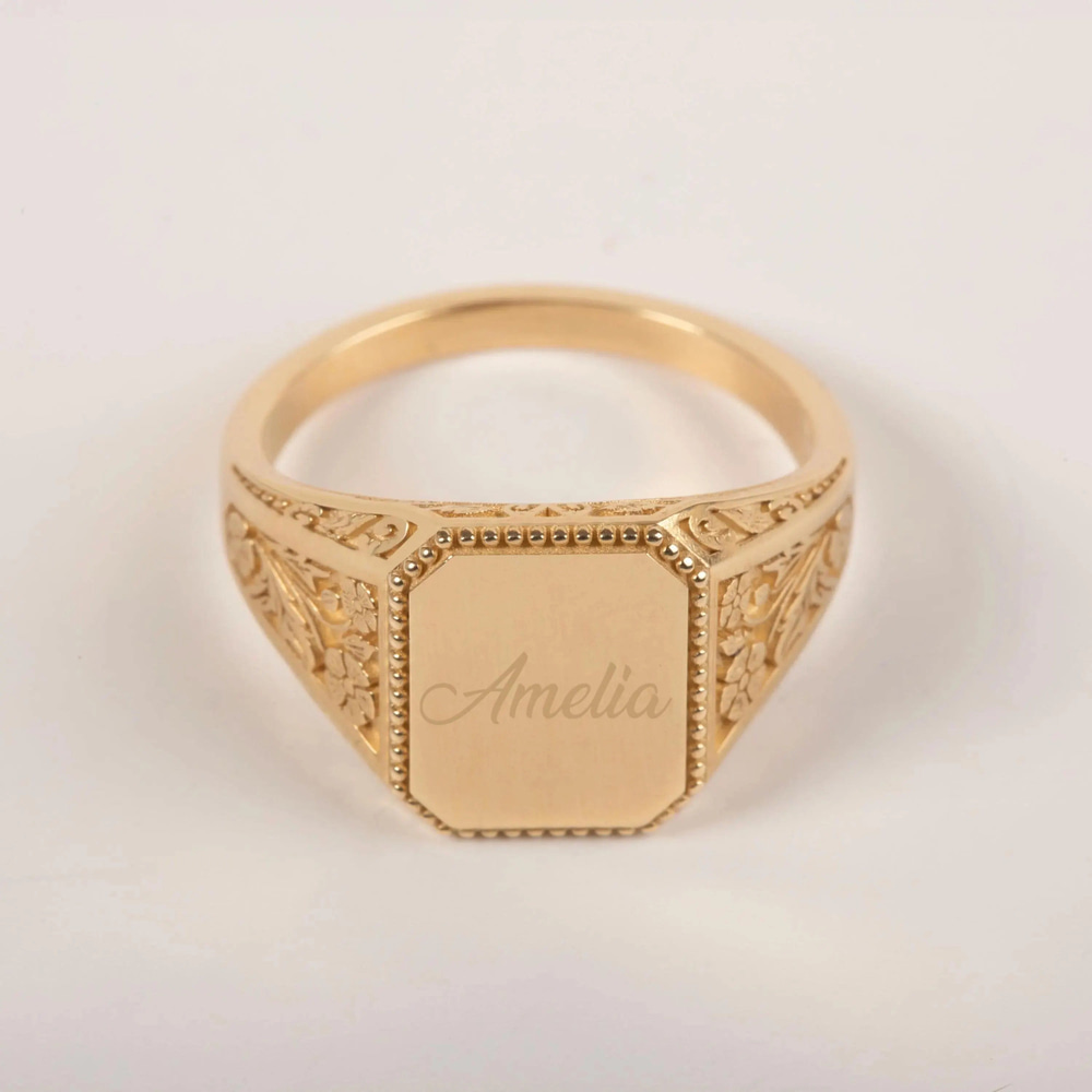 Altın Viktoryen Çiçek Motifli Signet Yüzük - Gold Store