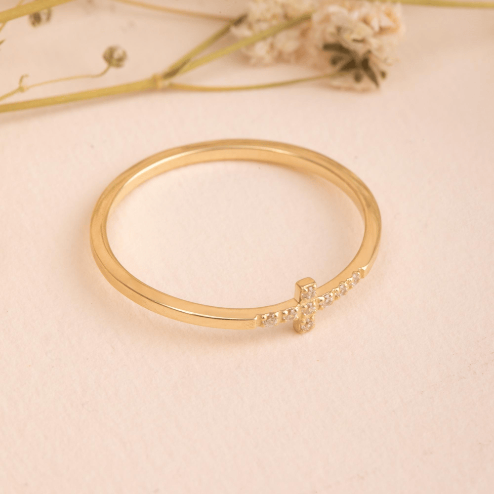 Altın Yan Haç CZ Taşlı Yüzük - Goldstore