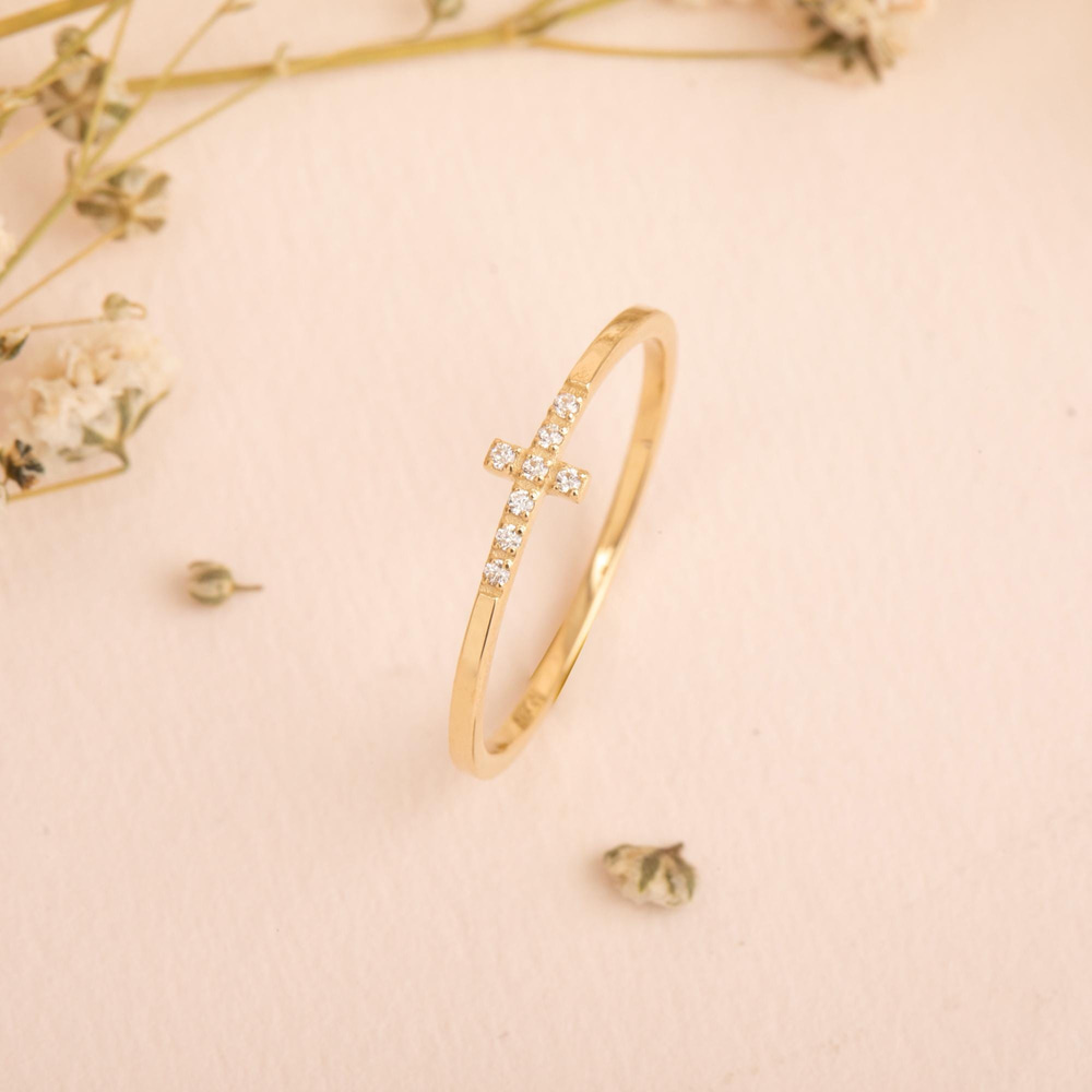 Altın Yan Haç CZ Taşlı Yüzük - Goldstore