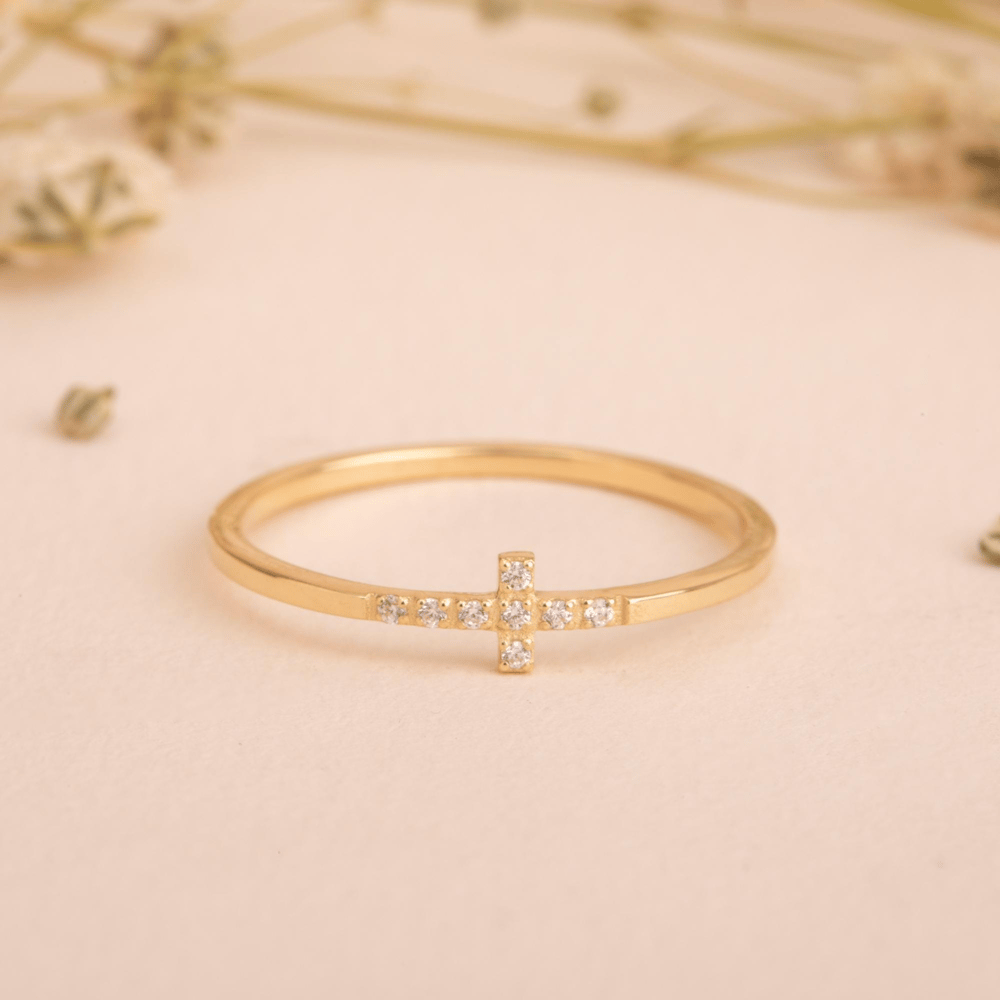 Altın Yan Haç CZ Taşlı Yüzük - Goldstore