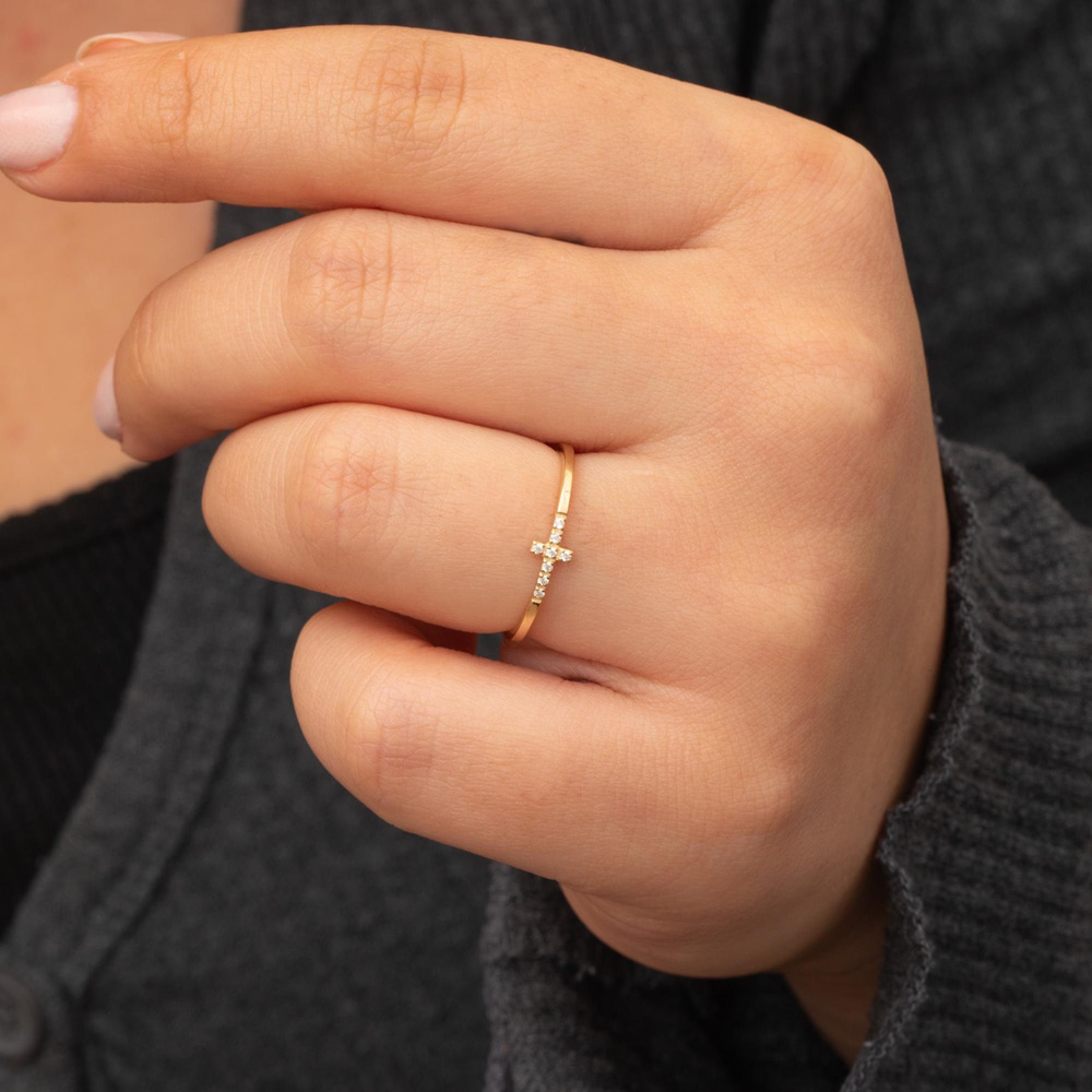 Altın Yan Haç CZ Taşlı Yüzük - Goldstore