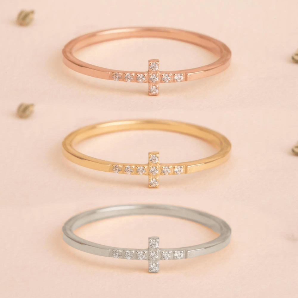 Altın Yan Haç CZ Taşlı Yüzük - Goldstore