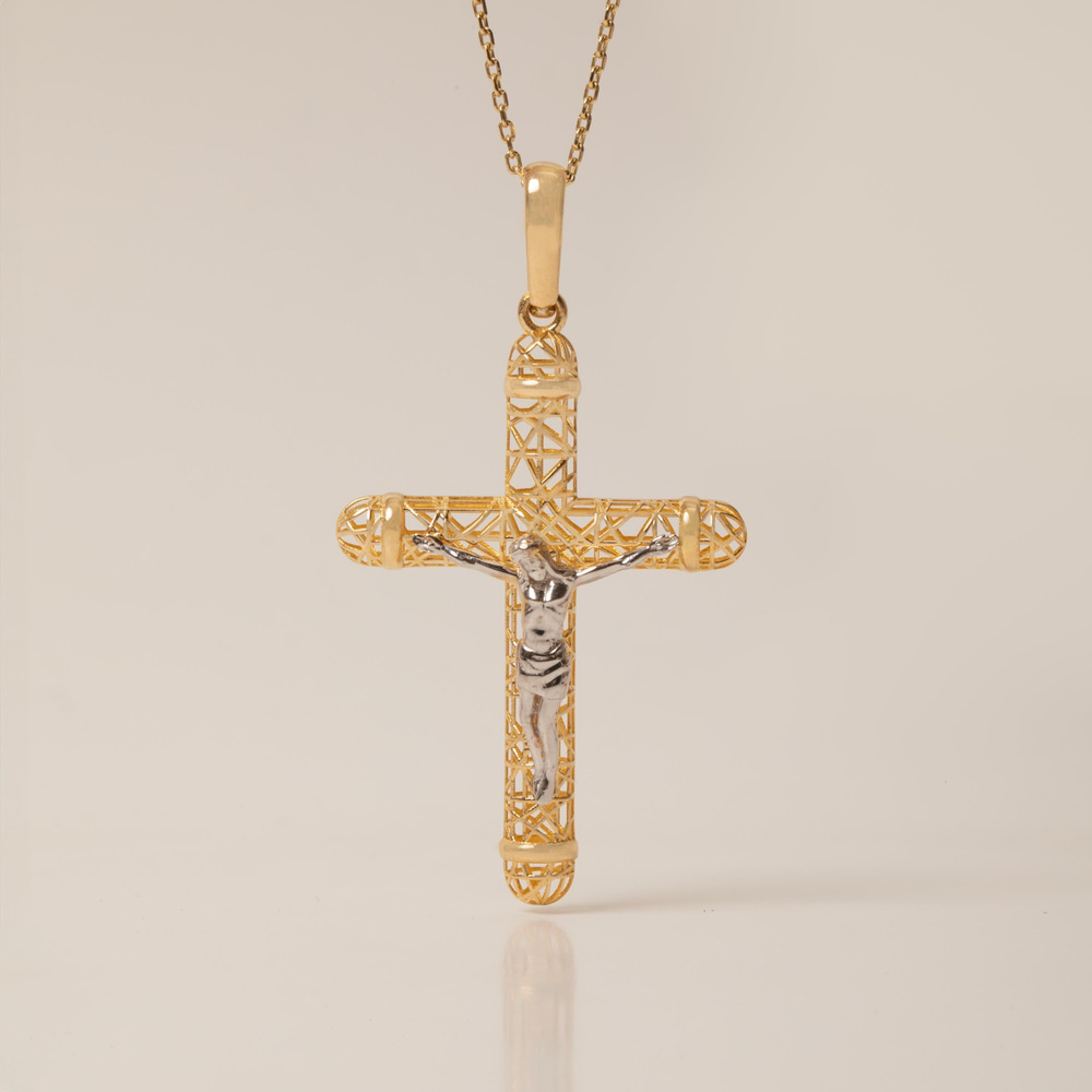 Detaylı İki Renkli Haç Altın Kolye - Goldstore