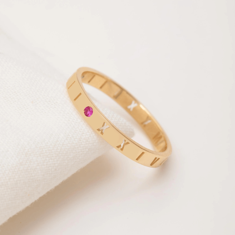 Gold Roman Numeral Birthstone Ring - Goldstore