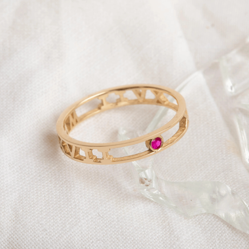 Gold Roman Numeral Birthstone Ring - Goldstore