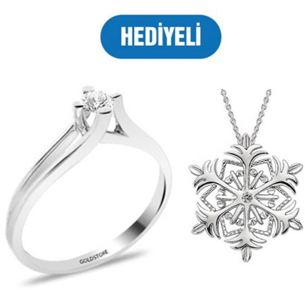 Goldstore-0.08 Ct Pırlanta Tek Taş Yüzük Kar Tanesi Kolye Hediye
