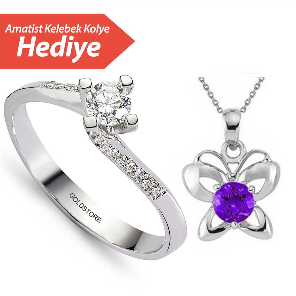 Goldstore-0.3 ct. Pırlanta Kelebek, Yan Kollar Taşlı Tektaş Yüzük