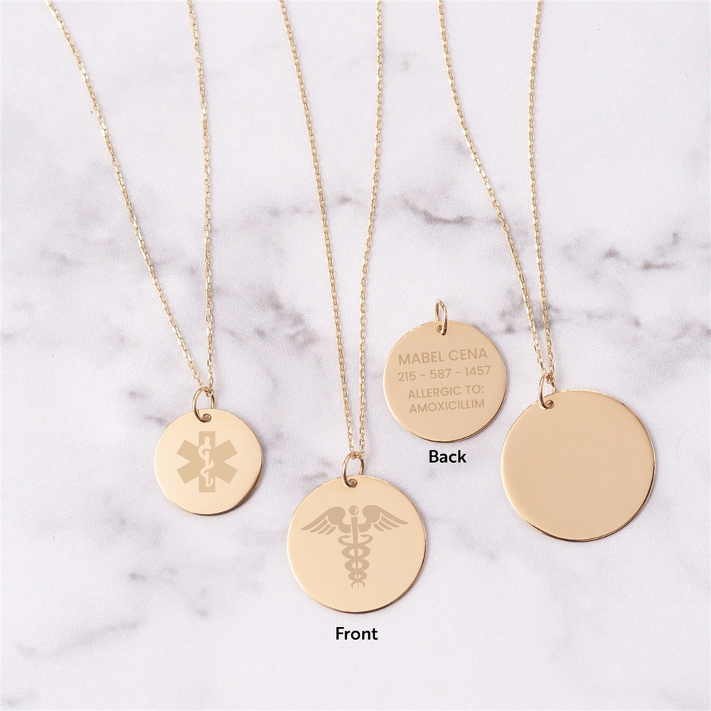 Goldstore-14 Karat Real Gold Custom Engrave Medical Alert Necklace, Medical ID Pendant Necklace, Medic Alert Personalized Disc Solid Gold Pendant Gift