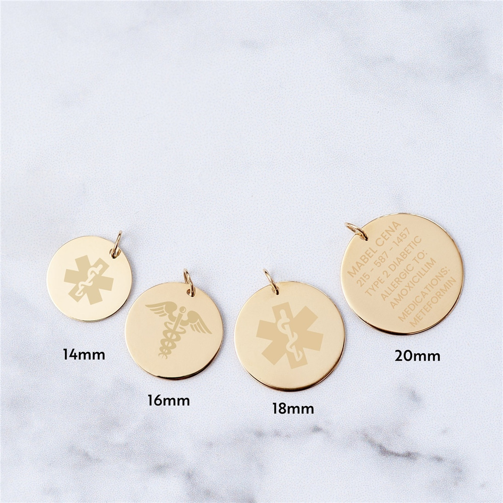 Goldstore-14 Karat Real Gold Custom Engrave Medical Alert Necklace, Medical ID Pendant Necklace, Medic Alert Personalized Disc Solid Gold Pendant Gift