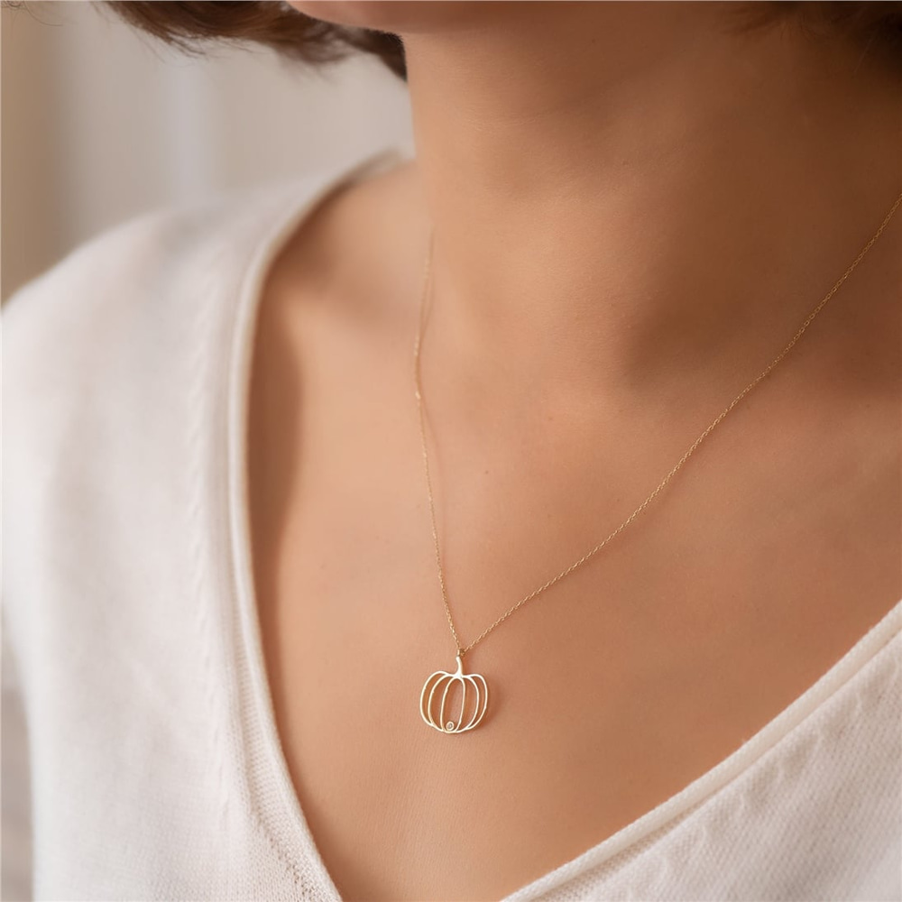 Goldstore-14k 18k Diamond Design Pumpkin Necklace, Gold Pumpkin Fall Necklace, Pumpkin Pendant & Pumpkin Charm, Haloween Necklace and Gold Pumpkin