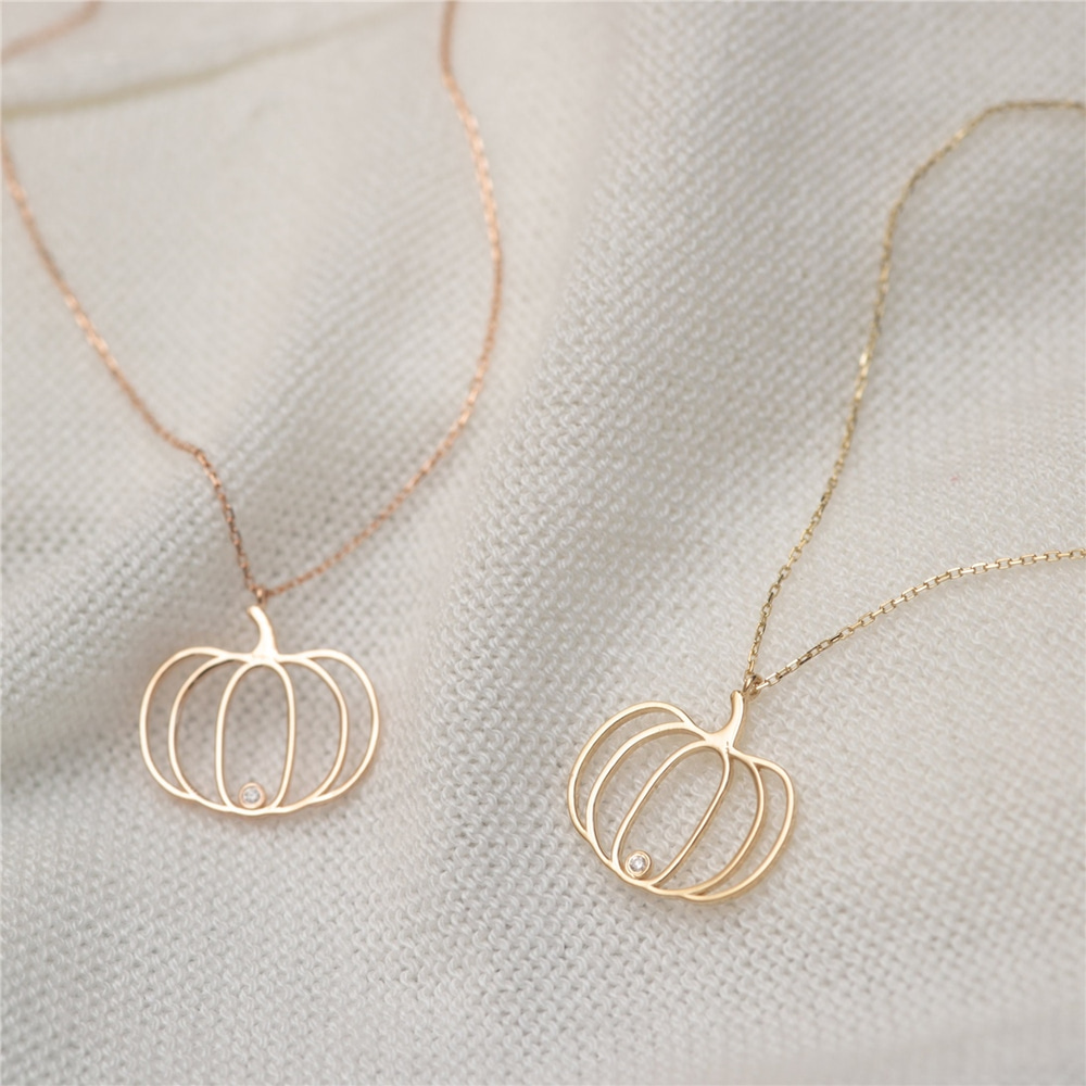 Goldstore-14k 18k Diamond Design Pumpkin Necklace, Gold Pumpkin Fall Necklace, Pumpkin Pendant & Pumpkin Charm, Haloween Necklace and Gold Pumpkin