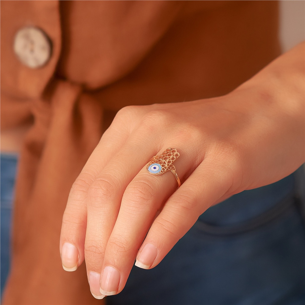 Goldstore-14k 18k Evil Eye Solid Gold Ring Hamsa Ring, Hand of Fatima Gold Ring Enamel Evil Eye Gold Ring, Filigree Real Solid Gold Fatima Hand Ring.