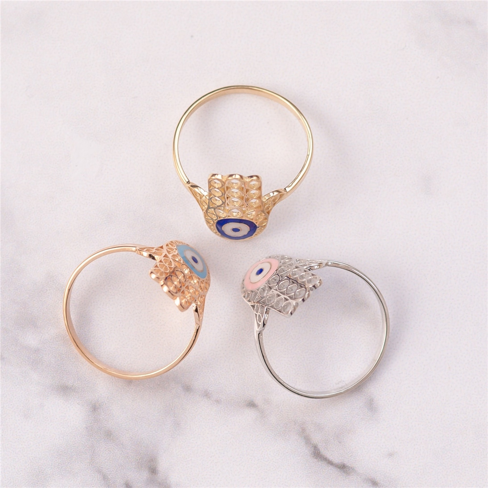 Goldstore-14k 18k Evil Eye Solid Gold Ring Hamsa Ring, Hand of Fatima Gold Ring Enamel Evil Eye Gold Ring, Filigree Real Solid Gold Fatima Hand Ring.