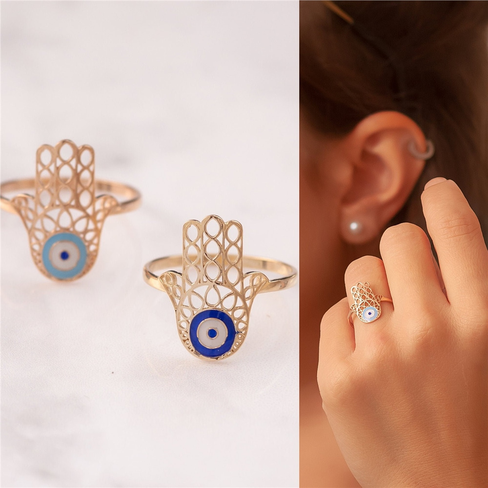 Goldstore-14k 18k Evil Eye Solid Gold Ring Hamsa Ring, Hand of Fatima Gold Ring Enamel Evil Eye Gold Ring, Filigree Real Solid Gold Fatima Hand Ring.