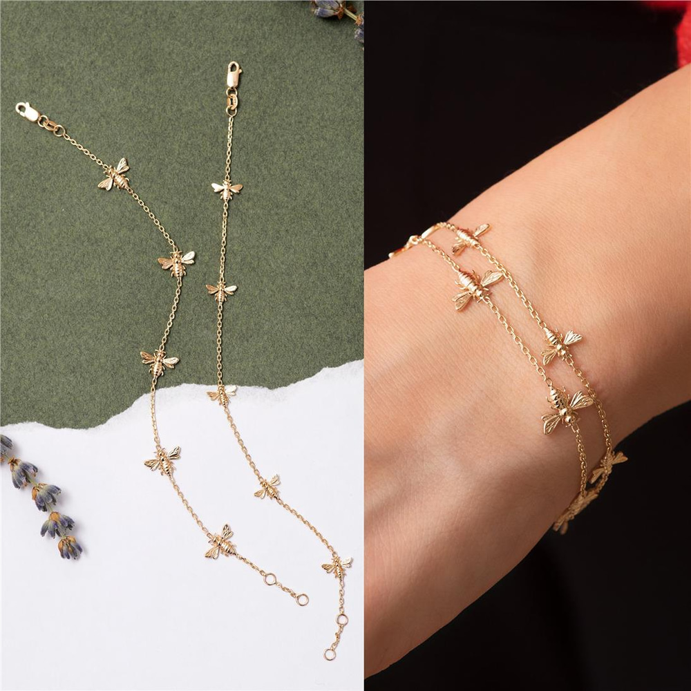 Goldstore-14K 18K Gold Bee Bracelet, Dainty Bumblebee Real Gold Bracelet, Honey Bee Rose Gold Bracelet Gift for Mom Gift for Her, Girlfriend Gift