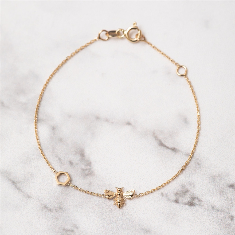 Goldstore-14K 18K Gold Bee Bracelet With Single Honeycomb, Dainty Bumblebee Bracelet with Hexagon, Gold Honey Bee Bracelet Gift for Mom Gift for Her