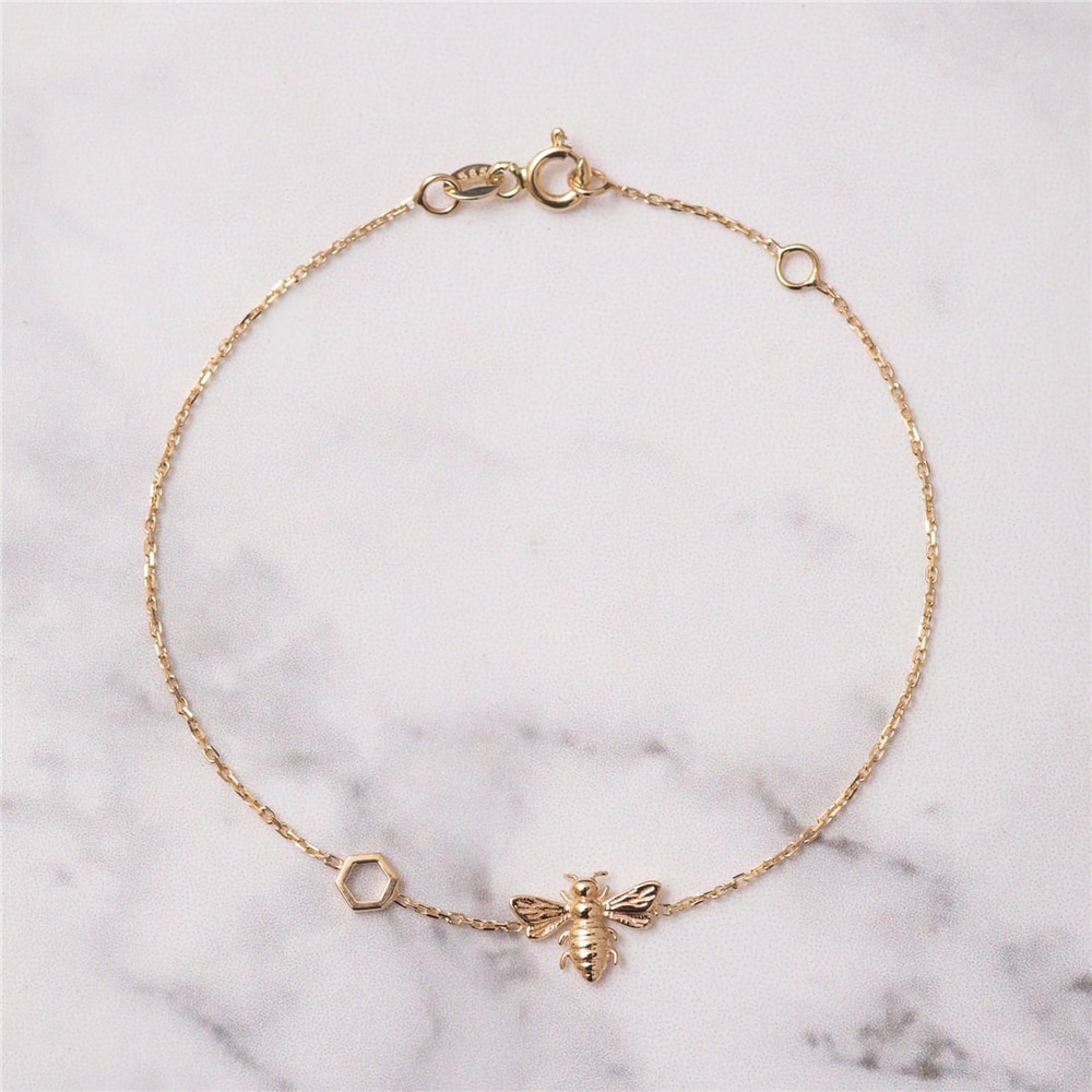 Goldstore-14K 18K Gold Bee Bracelet With Single Honeycomb, Dainty Bumblebee Bracelet with Hexagon, Gold Honey Bee Bracelet Gift for Mom Gift for Her