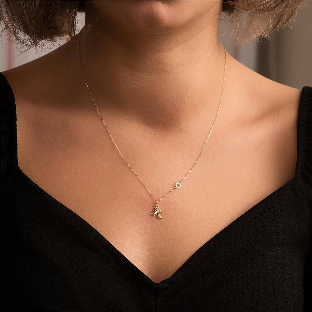 Goldstore-14K 18K Gold Bee Necklace With Single Honeycomb, Dainty Bumble Bee Necklace with Hexagon, 8MM Honey Bee Necklace Gift for Mom Gift for Her