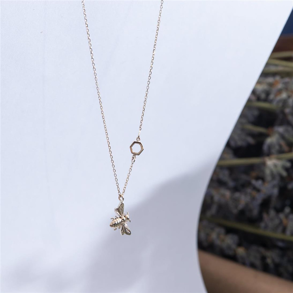 Goldstore-14K 18K Gold Bee Necklace With Single Honeycomb, Dainty Bumble Bee Necklace with Hexagon, 8MM Honey Bee Necklace Gift for Mom Gift for Her