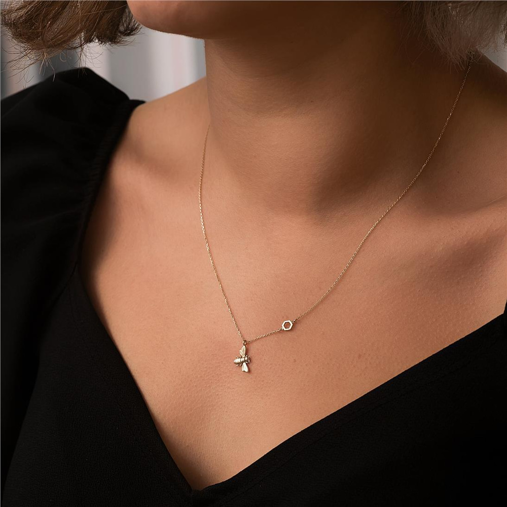 Goldstore-14K 18K Gold Bee Necklace With Single Honeycomb, Dainty Bumble Bee Necklace with Hexagon, 8MM Honey Bee Necklace Gift for Mom Gift for Her