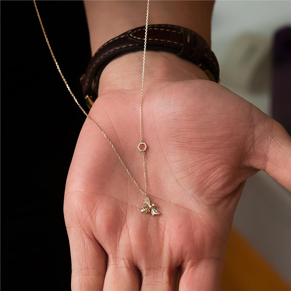 Goldstore-14K 18K Gold Bee Necklace With Single Honeycomb, Dainty Bumble Bee Necklace with Hexagon, 8MM Honey Bee Necklace Gift for Mom Gift for Her