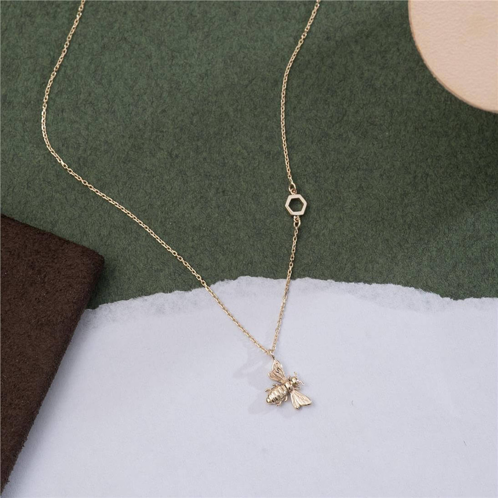 Goldstore-14K 18K Gold Bee Necklace With Single Honeycomb, Dainty Bumble Bee Necklace with Hexagon, 8MM Honey Bee Necklace Gift for Mom Gift for Her